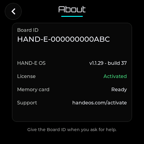 HAND-E About screen: Board ID HAND-E-000000000ABC, HAND-E OS version, license Activated, memory card Ready