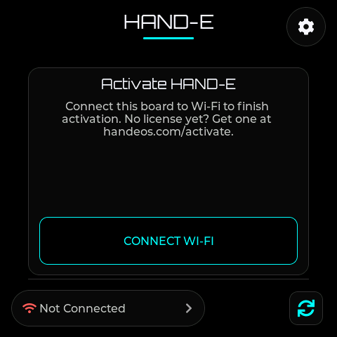 HAND-E screen asking to activate, with the address handeos.com/activate