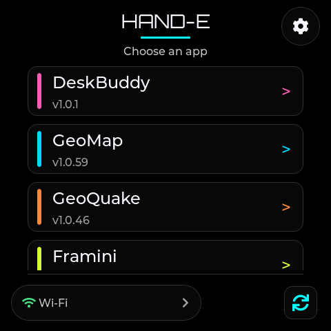 HAND-E home screen listing DeskBuddy, GeoMap, GeoQuake and Framini