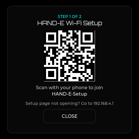 HAND-E screen showing a QR code to join its setup network